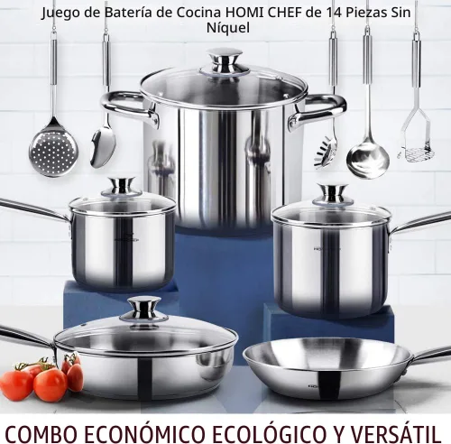 Miniatura 2 de HOMICHEF Juego de utensilios de cocina de acero inoxidable sin níquel de 14 piezas, juego de ollas y sartenes sin níquel, utensilios de cocina