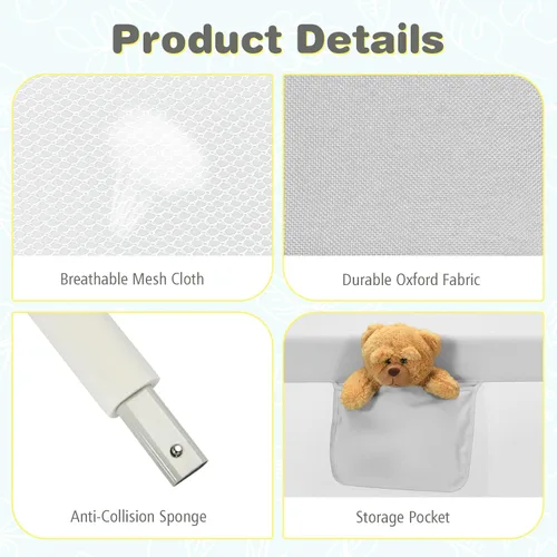 Miniatura 4 de BABY JOY Riel de cama para niños pequeños, 57 pulgadas, extra largo, altura ajustable, plegable, con bolsillo de almacenamiento y doble bloqueo