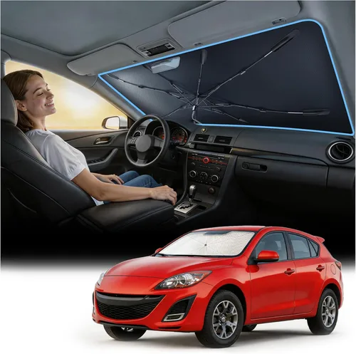 Nmoiss [Escudo térmico con revestimiento de vinilo] Parasol para parabrisas personalizado para Mazda 3, protege el automóvil de los rayos solares y