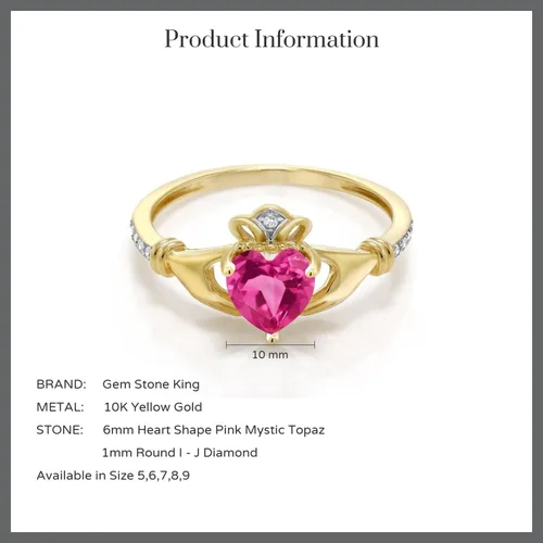 Miniatura 21 de Gem Stone King Anillo de compromiso claddagh celta irlandés de oro amarillo de 10 quilates con piedra preciosa en forma de corazón de 0.236 in