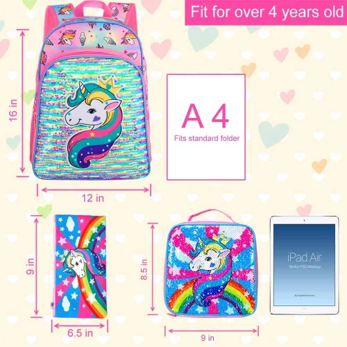 Miniatura 4 de 3 mochilas infantiles para niñas, 16 pulgadas, preescolar y lonchera - Unicorniosirenaflamenco