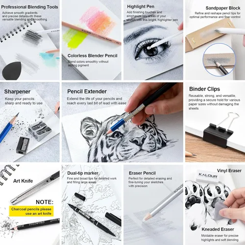 Miniatura 3 de 109 Juego de dibujo y kit de bocetos Pro Art Supplies con lápices fluorescentes, de colores, acuarela, metálicos, grafito, carbón, 5 cuadernos