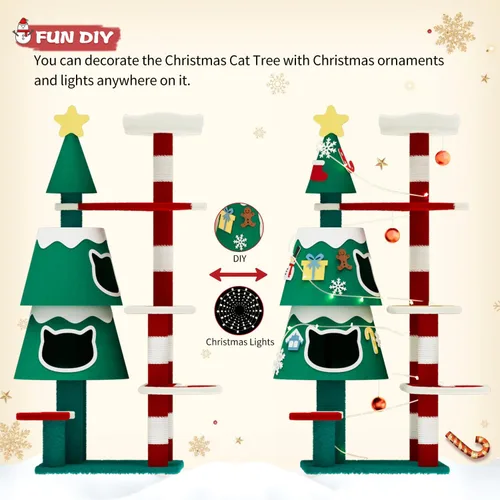 Miniatura 3 de YARUOMY Árbol de Navidad para Gatos, Torre para Gatos de Interior con 2 Condominios para Gatos, Poste Rascador Engrosado para Gatos, Lindos Muebles