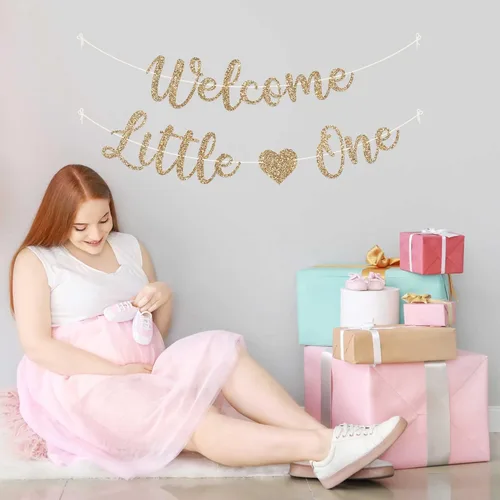 Miniatura 7 de Cartel de bienvenida preencordado con texto en inglés «Welcome Little One», «No hazlo tú mismo» – Cartel dorado con purpurina para fiesta