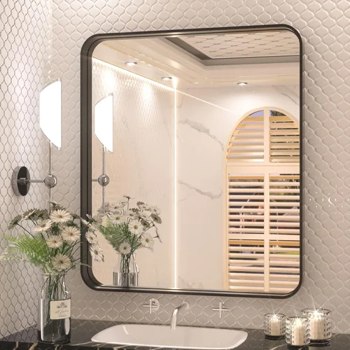 Miniatura 43 de TETOTE Espejo de marco dorado cepillado de 16 x 24 pulgadas, espejo de tocador de baño de latón dorado para pared, espejo enmarcado rectangular