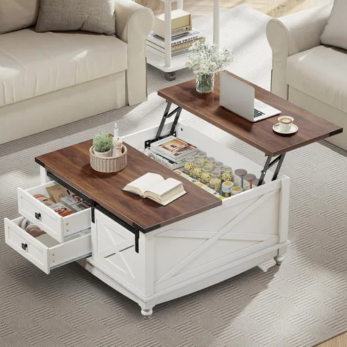 Miniatura 12 de ALLSTAND Mesa de centro elevable de 31.5 pulgadas con almacenamiento, mesas de centro de granja para sala de estar, mesa de centro cuadrada con gran