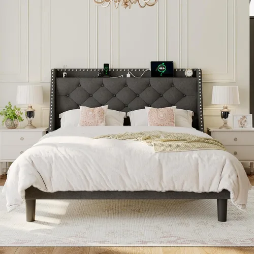 Miniatura 8 de Einhomn Base de cama de tamaño matrimonial con cabecera de almacenamiento copetuda con botones en la parte trasera y puertos tipo CA, plataforma