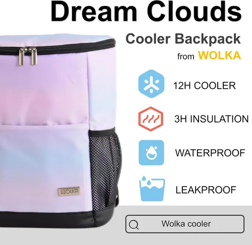 Miniatura 2 de Mochila Enfriadora Wolka 30 Latas, Mochilas Enfriadoras Aisladas a Prueba de Fugas Portátiles, Bolsa Enfriadora Impermeable de Lado Suave para Nube