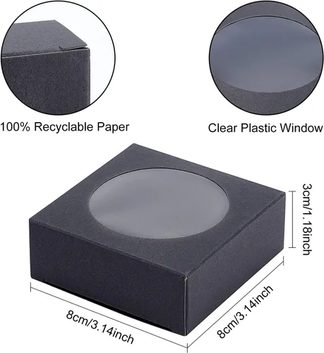 Miniatura 2 de BENECREAT Paquete de 24 cajas de papel kraft con ventana transparente de 3 x 3 x 1.2 pulgadas, cajas de embalaje de regalo de papel kraft negro