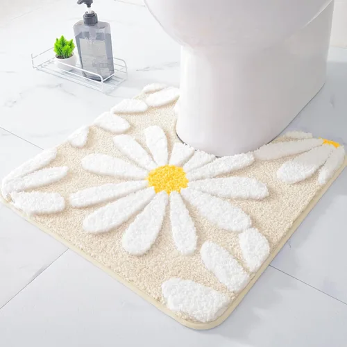QJHOMO Alfombras de inodoro en forma de U, linda alfombra de baño con contorno de margarita beige 20"x20", alfombra extra gruesa y suave para