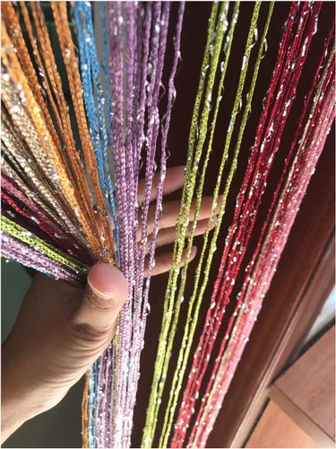 Miniatura 6 de Cortina de cuerda para puerta, hilo plano de cinta plateada con borlas, divisor de habitación, 39 x 79 pulgadas (rosa-estilo 2)