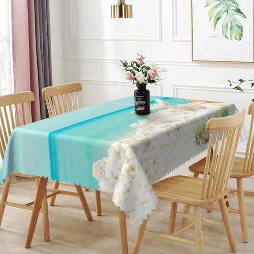 Miniatura 28 de Mantel oblongo, diseño de playa de 52 x 70 pulgadas, diseño de playa con estrellas de mar y olas de mar, con decoración impermeable y resistente a