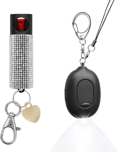 Alarma de seguridad personal 3 en 1 y alarma de manija de puerta y combo de spray de pimienta para mujeres, gel de pimienta de máxima resistencia y