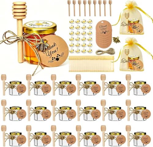 IIKUM Paquete de 20 tarros de miel de vidrio, tarros hexagonales de miel de 1.5 onzas con tapas, cucharitas de miel de madera, colgantes de abeja,