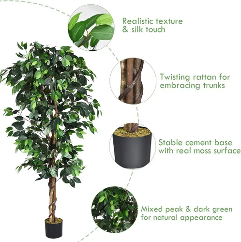 Miniatura 4 de Goplus Árbol de seda artificial de ficus de 6 pies, árbol falso en maceta con hojas verdes y tronco natural, sin mantenimiento, planta sintética