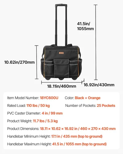 Miniatura 7 de VEVOR Bolsa de herramientas rodante de 18", capacidad de carga de 110 lbs, 25 bolsillos, bolsa de herramientas rodante resistente con mango