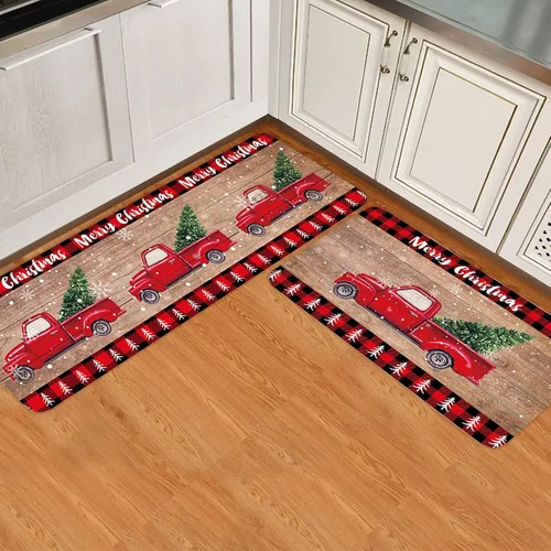 Miniatura 8 de Juego de 2 alfombras de cocina con camión rojo, árbol de Navidad rojo sobre tablero de madera retro, antideslizante, cómodo, tapete de pie