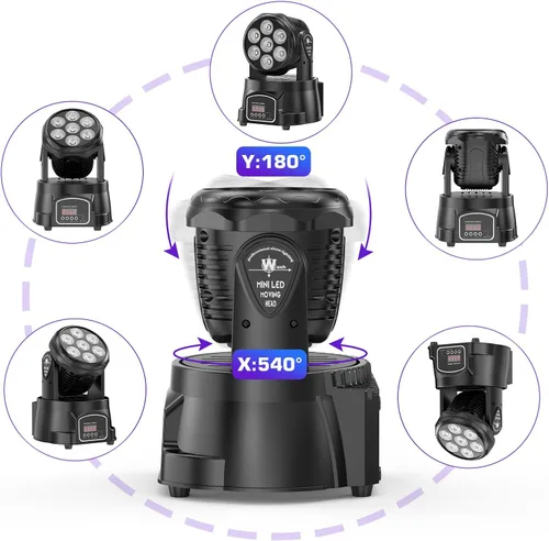 Miniatura 4 de U`King Luz de cabeza móvil RGBW LED Efecto de iluminación de escenario, 7 x 10 W, cabezales móviles, luces de lavado por DMX y control remoto