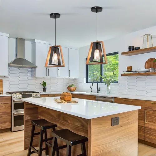 Miniatura 25 de Lámpara colgante estilo granja, luces colgantes negras para isla de cocina, luz colgante de metal industrial y madera vintage, lámpara de techo