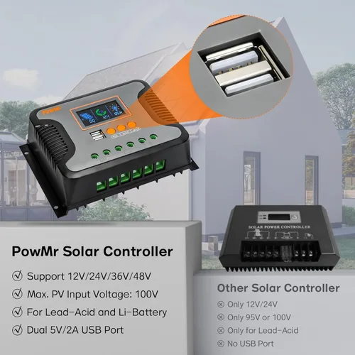 Miniatura 7 de PowMr controlador de carga solar PWM de 30A, 12V 24V 36V 48V Auto, pantalla LCD y salida USB dual, apto para baterías AGM, Gel, FLD, de plomo-ácido