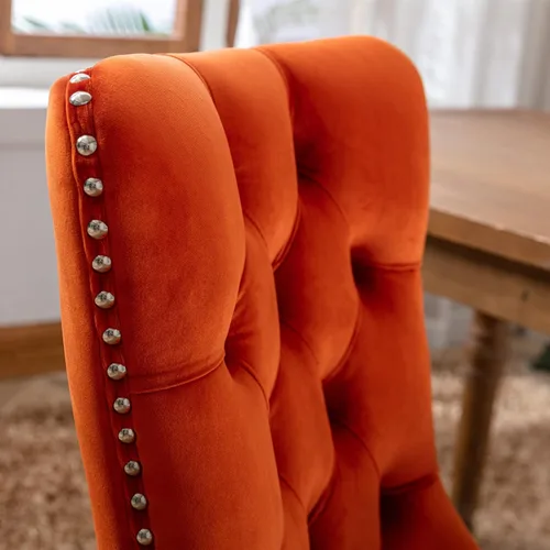 Miniatura 7 de Juego de 2 sillas de comedor de terciopelo, sillas decorativas tapizadas con botón acolchonado, ribete de cabeza de clavo y tirador de anillo Naranja