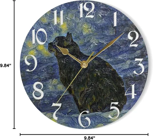 Miniatura 6 de Naanle Reloj de pared redondo con diseño de gato con pintura al óleo, Van Gogh, silencioso, sin tictac, funciona con pilas, para decoración