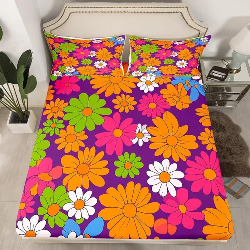 Miniatura 18 de Juego de ropa de cama con diseño floral bohemio, tamaño individual, diseño retro de flores groovy, 60S y 70S, diseño de flores hippie para niños