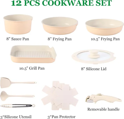 Miniatura 3 de Juego de 12 piezas de utensilios de cocina con mango desmontable, juegos de ollas y sartenes antiadherentes, juego de sartenes de inducción