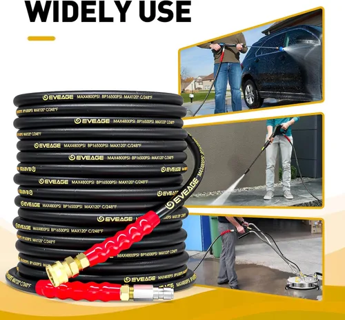 Miniatura 7 de EVEAGE Manguera de lavado a presión de 3/8" 7.6 m, 33,100 kPa Grado industrial con trenzado de alambre de acero y revestimiento de goma sintética