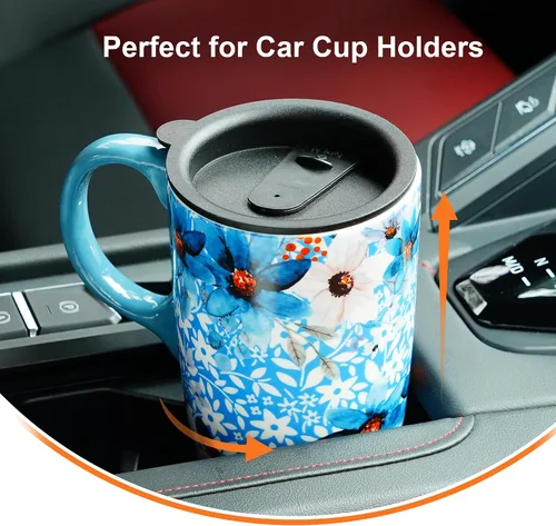 Miniatura 7 de Topadorn Taza de Cerámica para Café de Porcelana Latte Taza de Té con Tapa en Caja de Regalo 17oz, Flores Azules