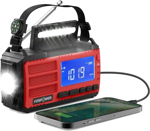 Miniatura 15 de FosPower NOAA Radio meteorológica de emergencia A1 7400 mWh, banco de energía portátil, AM/FM, USB/solar/carga de manivela, funciona