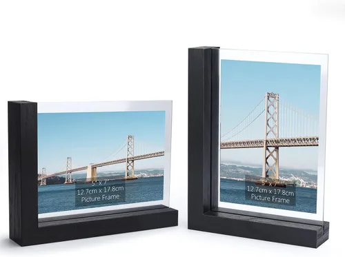 Miniatura 9 de Lavezee Paquete de 2 marcos de fotos de 4 x 6 pulgadas, hechos de base de madera negra en forma de L con vidrio, imágenes de fotos de doble cara