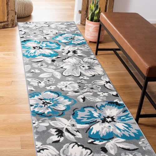 Rugshop Alfombra moderna de diseño floral azul, elegante que no se desprende, 24 x 87 pulgadas para sala de estar, dormitorio, comedor, cocina