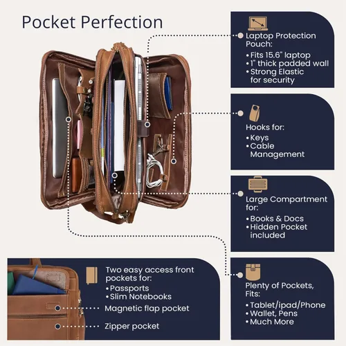 Miniatura 2 de Luxorro Maletín de cuero de grano completo para hombres, marrón claro, 17 pulgadas de ancho x 13 pulgadas de alto x 5 pulgadas de profundidad, se