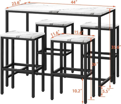 Miniatura 6 de Yongchuang Juego de mesa de bar de 5 piezas, juego de mesa de bar de cocina y sillas de 4 piezas, mesa moderna de metal de altura de mostrador