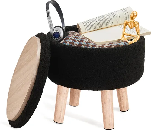 Poofzy Otomana pequeña con almacenamiento, taburete pequeño otomano con patas de madera, reposapiés Sherpa para sofá, sala de estar y dormitorio,