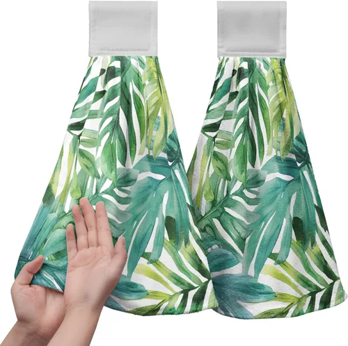 Miniatura 15 de Juego de 2 toallas de cocina colgantes de hojas tropicales de verano, color verde, hojas de palmera, con bucles para colgar, suaves y absorbentes