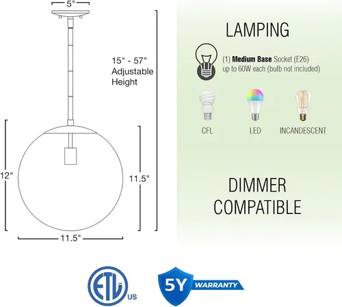 Miniatura 4 de Kira Home Ceres - Lámpara colgante de orbe moderna de mediados del siglo de 12 pulgadas con difusor esmerilado blanco mate suave, acabado de latón