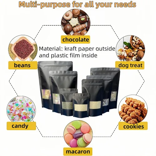 Miniatura 5 de FERENLI 50 bolsas de papel kraft resellables negras con ventana mate para ventana, bolsas de almacenamiento de alimentos sellables con cierre