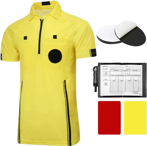 Miniatura 8 de Camiseta Jersey de Árbitro de Fútbol Profesional de Manga Corta Disfraz de Árbitro Uniforme con Portainsignia, Cartera de Árbitro, Tarjetas Rojas