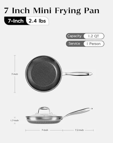 Miniatura 2 de Sartén antiadherente con tapa de 7 pulgadas, sartén de acero inoxidable duradera, compatible con placa de inducción, sin PFOA, a prueba de arañazos