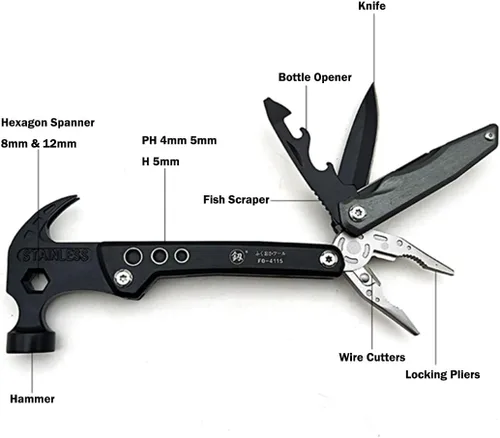 Miniatura 2 de Hammer & Pliers Herramienta multifuncional 14 en 1 Kit portátil para emergencias de automóvil, camping, hogar