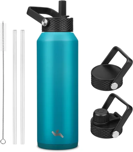 Miniatura 15 de Konokyo - Botella de agua aislada de 18 onzas, botellas deportivas de acero inoxidable con 3 tapas, verde militar