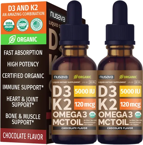Miniatura 17 de Paquete de 2 gotas orgánicas de vitamina D3 K2 con aceite MCT y Omega 3 - Vitamina líquida D3 5000 UI - Suplemento de vitamina K2 D3 - Gotas