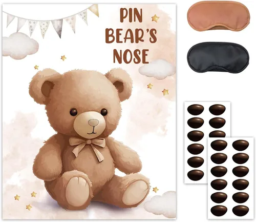 Pin The Noses on The Bear - Juego de fiesta de oso de peluche, póster grande con 24 calcomanías de nariz para cumpleaños de niños, tema de baby