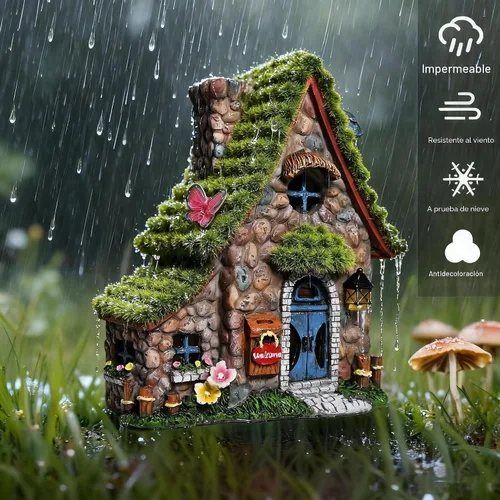 Miniatura 6 de Estatuas de casa de hadas de resina ASAWASA con luces solares, esculturas de jardín divertidas con decoración flocada y adoquinada, exquisitas