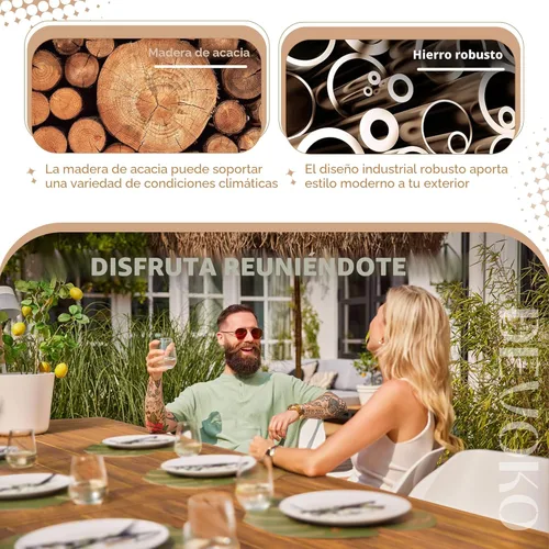 Miniatura 7 de Devoko Home Mesa de Comedor de Madera de Acacia para 6 Personas Mesa de Interior y Exterior con Patas de Hierro, Acabado Arenado, Teñido Natural