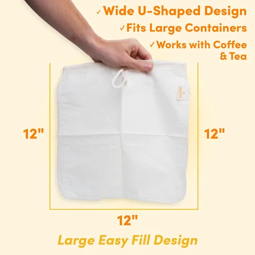 Miniatura 4 de Paquete de 2, bolsa de filtro de café frío grande de 12 x 12 pulgadas para tarro de masón, reutilizable, tela de algodón 100% orgánico con cordones