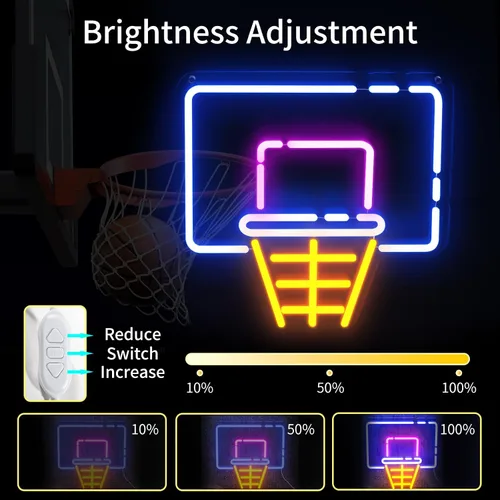 Miniatura 4 de Letrero de neón de aro de baloncesto para decoración de pared, letrero de luz LED regulable con control de brillo para fanáticos de los deportes