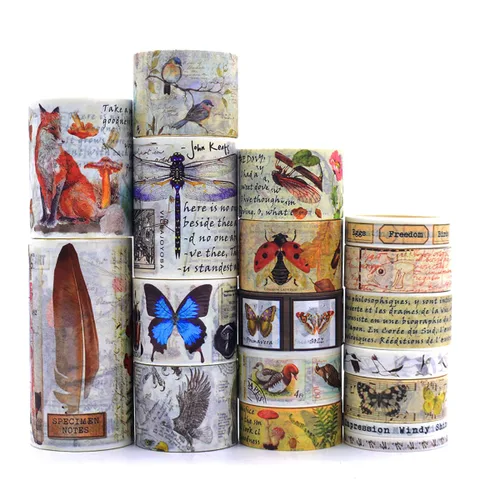 Juego de 18 rollos de cintas washi vintage, letras florales, bosque, mariposa, hongos, flores botánicas, cintas decorativas para álbumes de